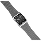 Rectangular BERING wristwatch 16433-002 with black dial and silver case, positioned diagonally with gray textile band.