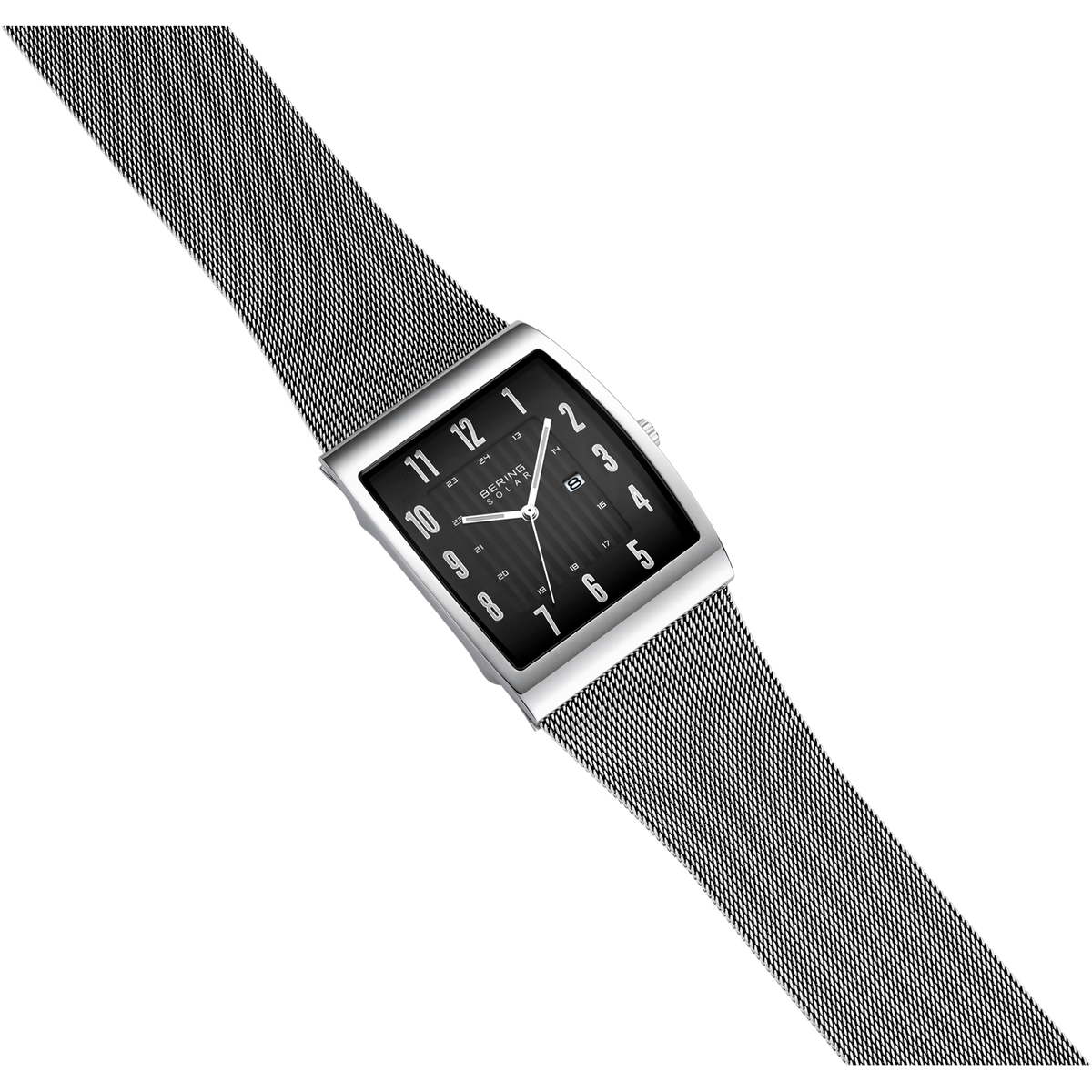 Rectangular BERING wristwatch 16433-002 with black dial and silver case, positioned diagonally with gray textile band.