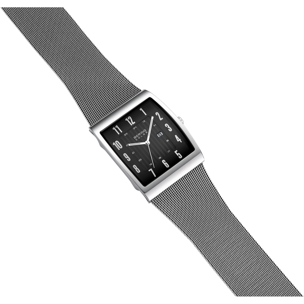 Rectangular BERING wristwatch 16433-002 with black dial and silver case, positioned diagonally with gray textile band.
