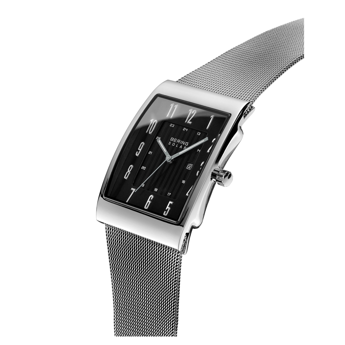 Rectangular silver wristwatch with black dial, angled to show mesh metal band and side profile.