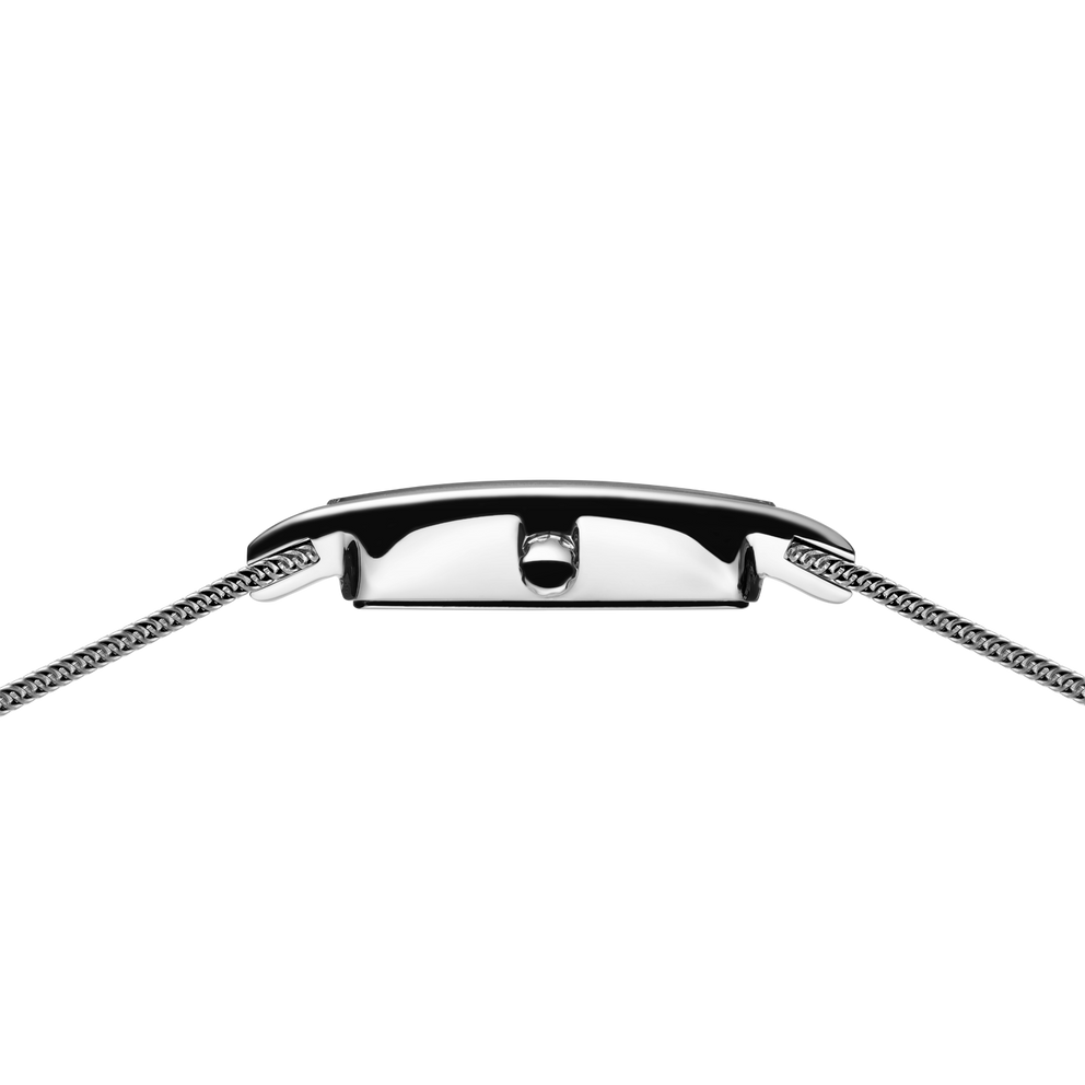 BERING wristwatch 16433-002 shown in side profile with metal mesh bracelet
