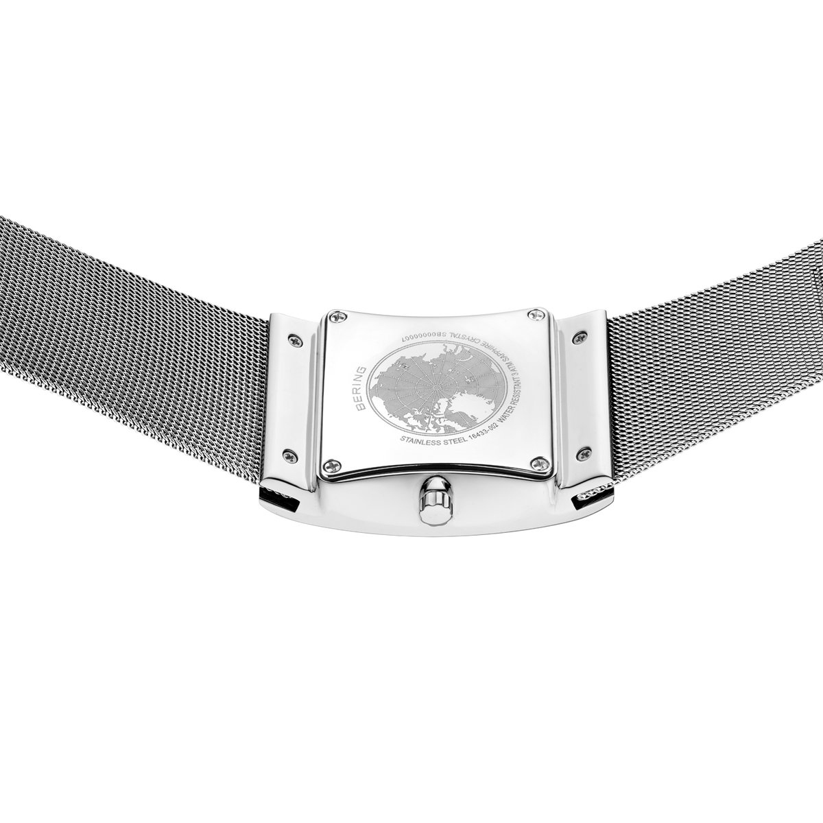 Watch with minimalist rectangular case and mesh band, photographed from behind showing the clasp mechanism and bracelet underside.