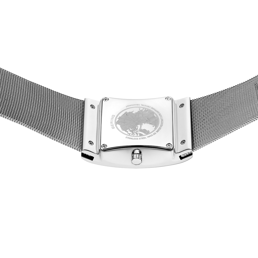 Watch with minimalist rectangular case and mesh band, photographed from behind showing the clasp mechanism and bracelet underside.