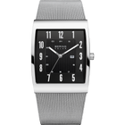 BERING Solar square watch with black dial, white numerals, silver metal case and mesh band