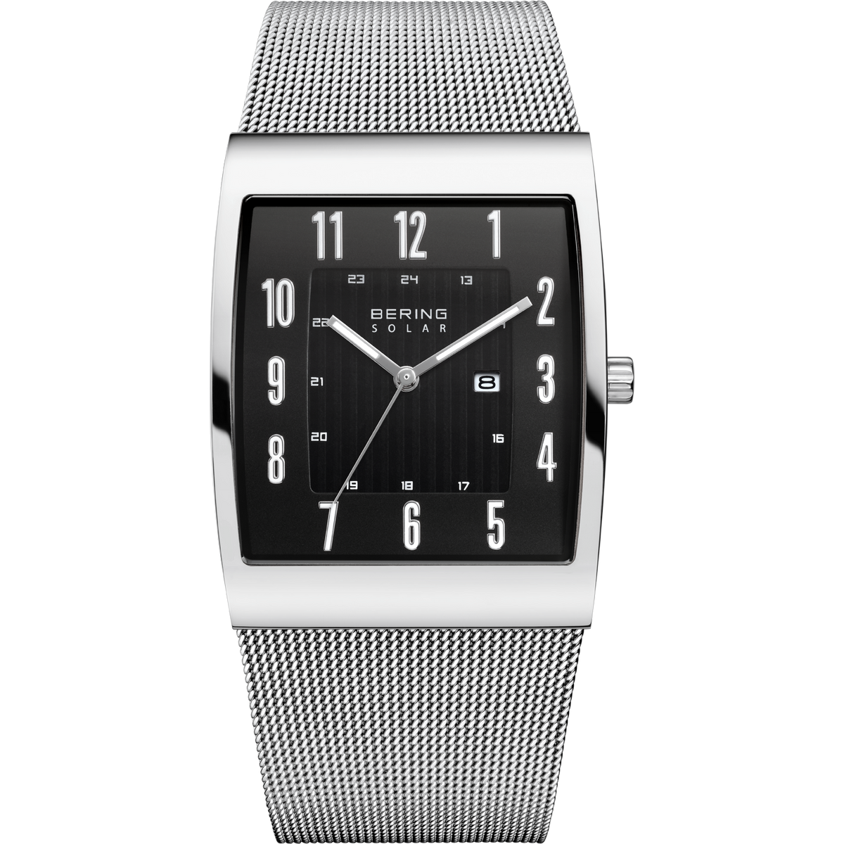 BERING Solar square watch with black dial, white numerals, silver metal case and mesh band