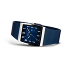 BERING wristwatch in angled side view: square blue dial with white markers, silver metal case, blue mesh strap