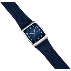 Square-faced BERING watch with silver case, dark blue dial, Arabic numerals, and navy fabric strap