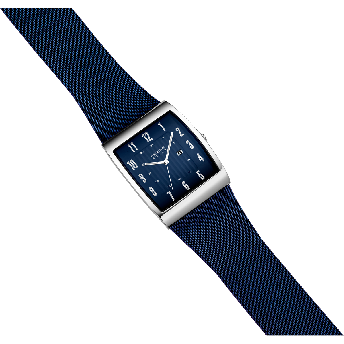 Square-faced BERING watch with silver case, dark blue dial, Arabic numerals, and navy fabric strap