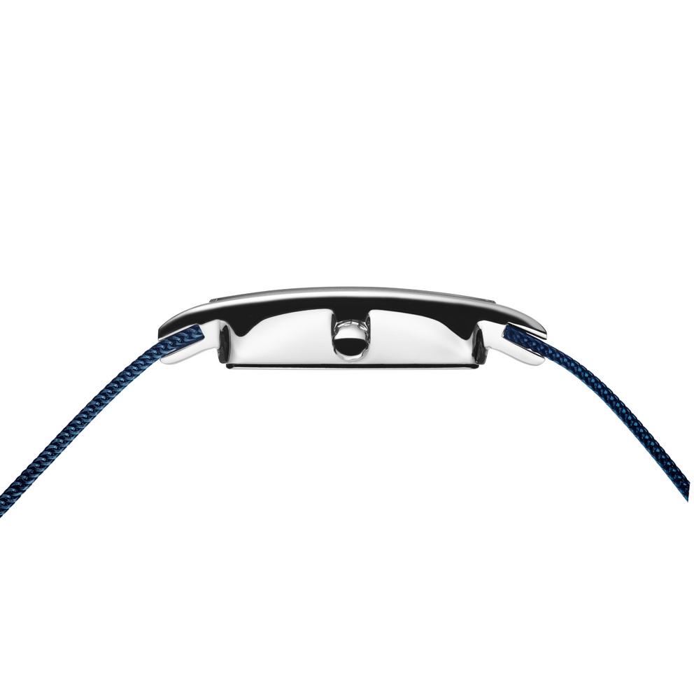 Watch viewed from above, polished case edge visible between blue woven straps with white accent details.