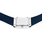 Dark blue woven watch strap with white case back and metal lugs connecting band to case
