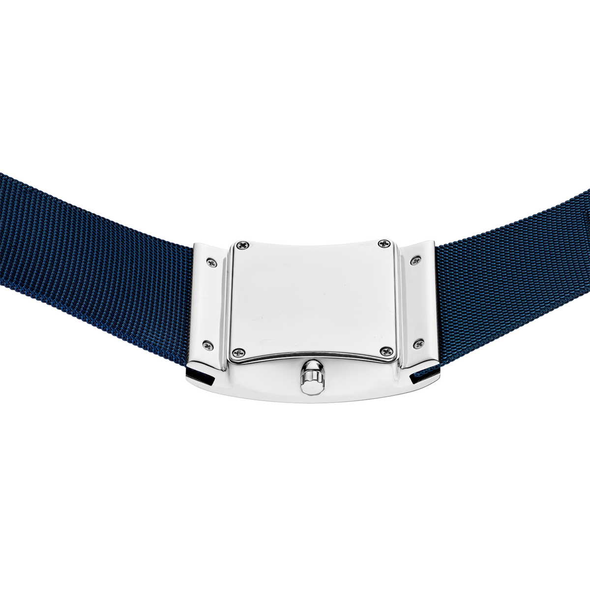 Dark blue woven watch strap with white case back and metal lugs connecting band to case