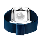 Watch caseback with engraved globe emblem, shown with blue mesh band.