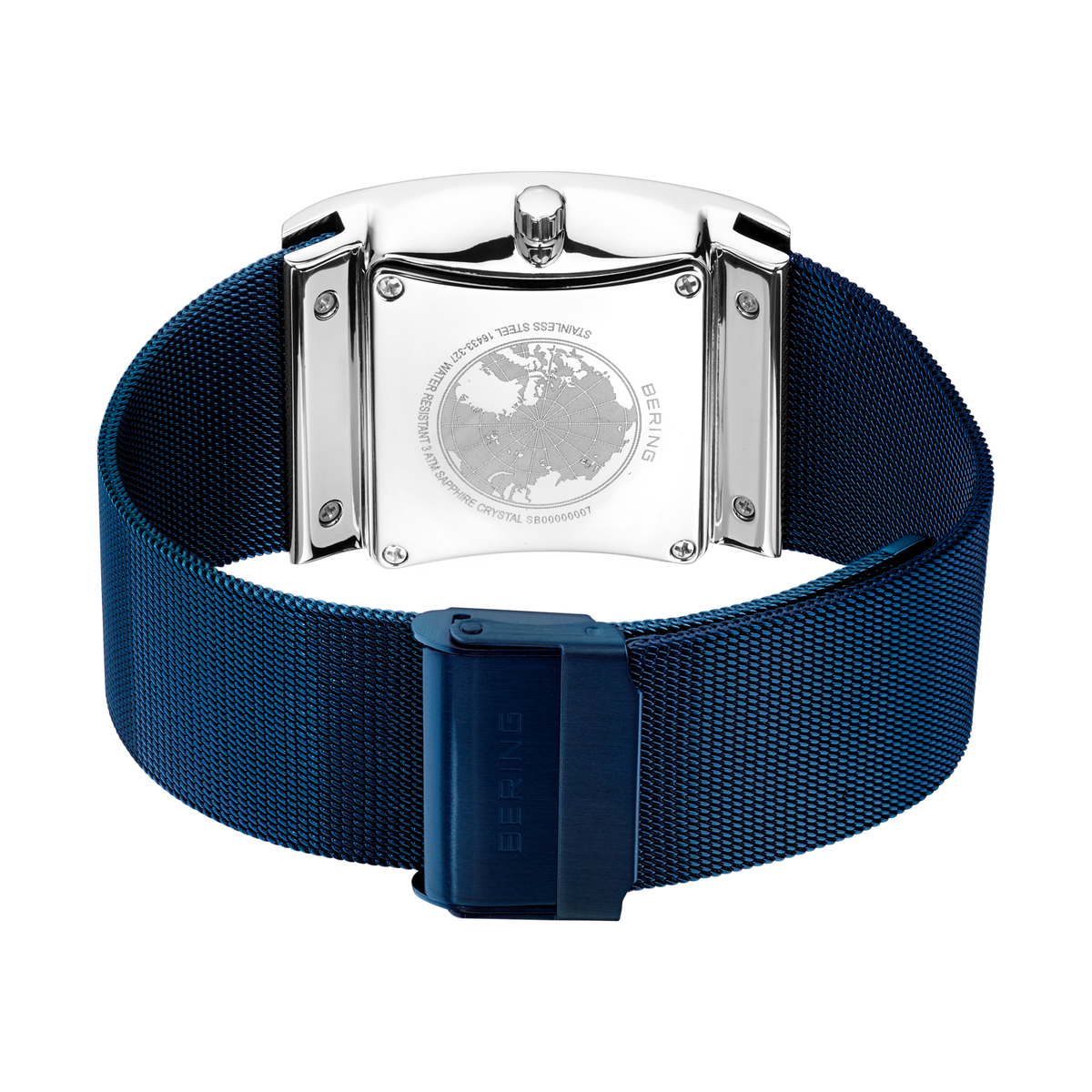 Watch caseback with engraved globe emblem, shown with blue mesh band.