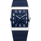 BERING watch 16433 with square silver case and dark mesh metal bracelet, navy dial with white markers
