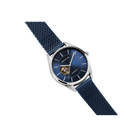 BERING wristwatch 16743-307, blue skeleton dial with visible movement, silver case and navy mesh strap, angled detail view