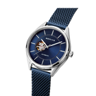 BERING automatic watch with open heart dial and blue mesh bracelet, angled product view.