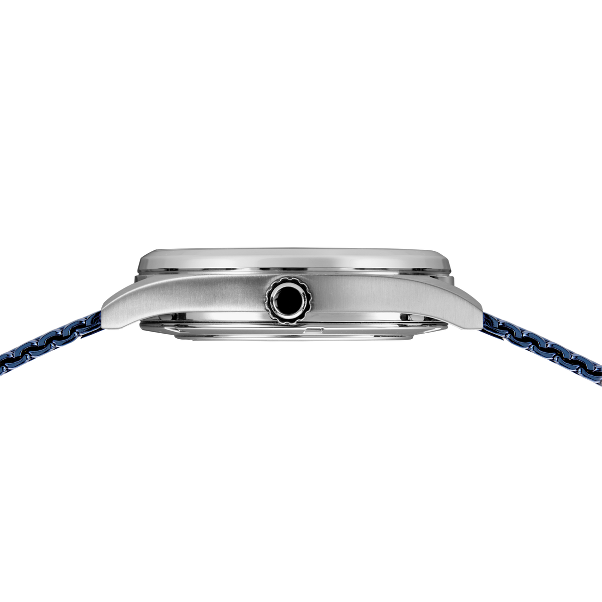Watch case from side profile, showing brushed silver case with crown, attached to blue woven fabric strap.