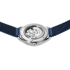 Watch caseback with embossed logo, polished steel case, dark blue mesh band