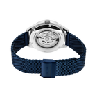 Watch caseback revealing visible movement and mechanism through transparent crystal, dark blue mesh strap with matching clasp