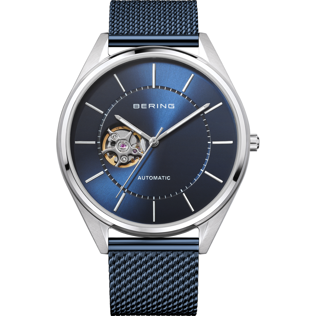 Silver BERING automatic watch with blue dial, white markers, open-heart aperture revealing gold movement, blue mesh strap.