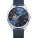 Silver BERING automatic watch with blue dial, white markers, open-heart aperture revealing gold movement, blue mesh strap.
