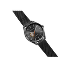 Black BERING wristwatch with mesh band, angled view showing open-heart dial