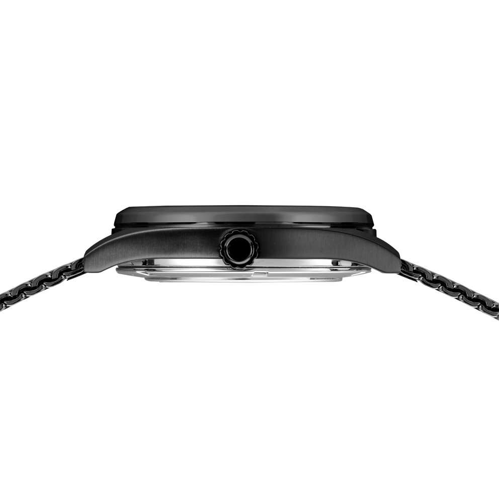 Side profile of the watch with round black case, silver accent band, and dark bracelet.