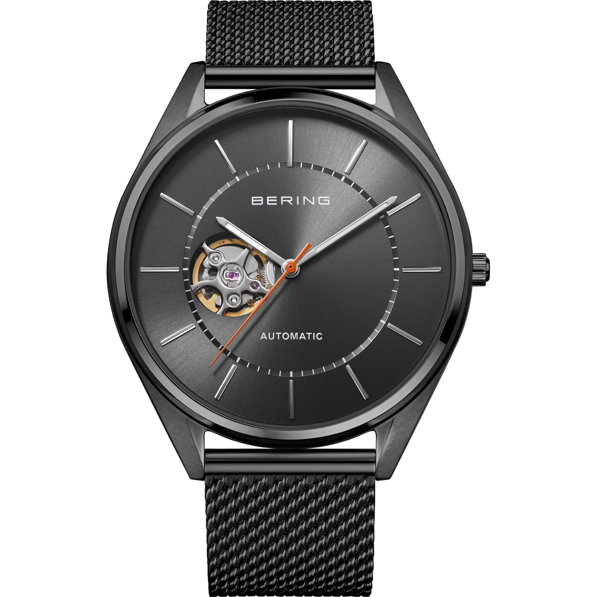 BERING automatic wristwatch with open dial showing mechanical movement, dark gray case, mesh metal band, front view.
