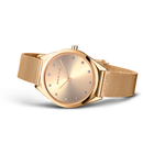 Gold-tone wristwatch with round case and champagne dial with hour markers, shown with mesh bracelet strap.
