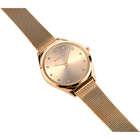 Rose gold wristwatch with mesh band displayed at an angle, showing the case and full band.