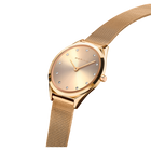 Rose gold round-dial watch with mesh bracelet, shown at three-quarter angle to display case and strap texture