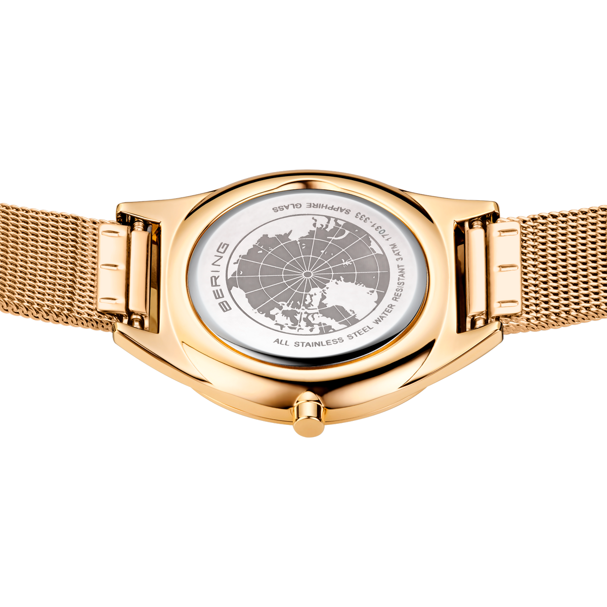 BERING watch with gold-tone mesh bracelet and world map dial, photographed from above