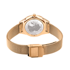 BERING watch back showing world map dial, rose gold case and magnetic mesh bracelet