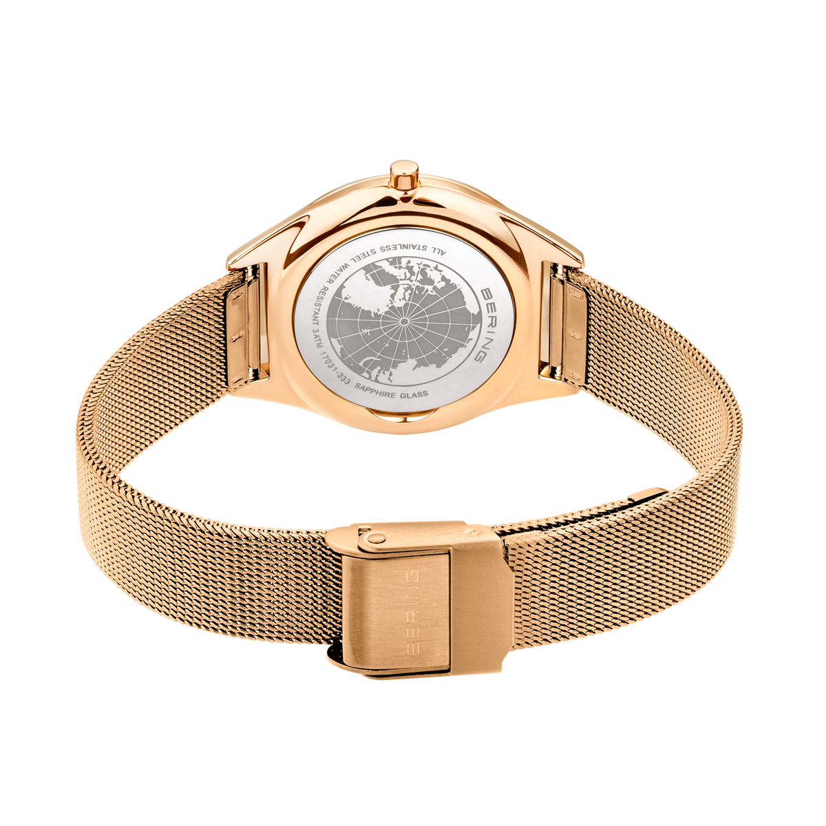BERING watch back showing world map dial, rose gold case and magnetic mesh bracelet
