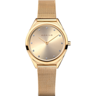 BERING wristwatch with champagne dial, gold case, and fine mesh band, front view