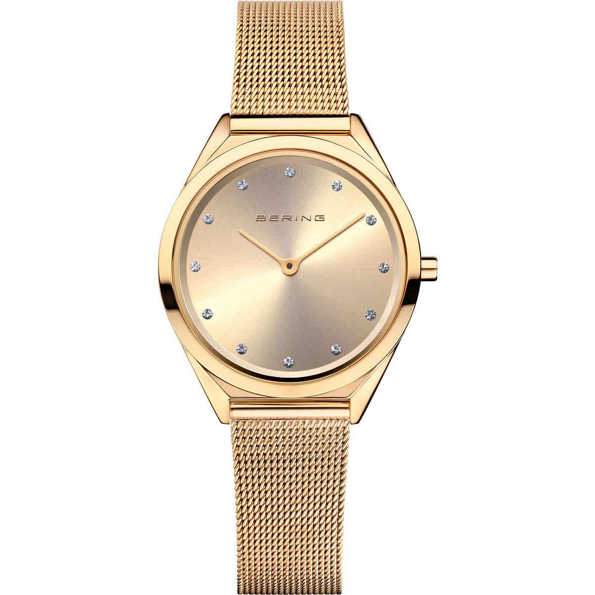 BERING wristwatch with champagne dial, gold case, and fine mesh band, front view