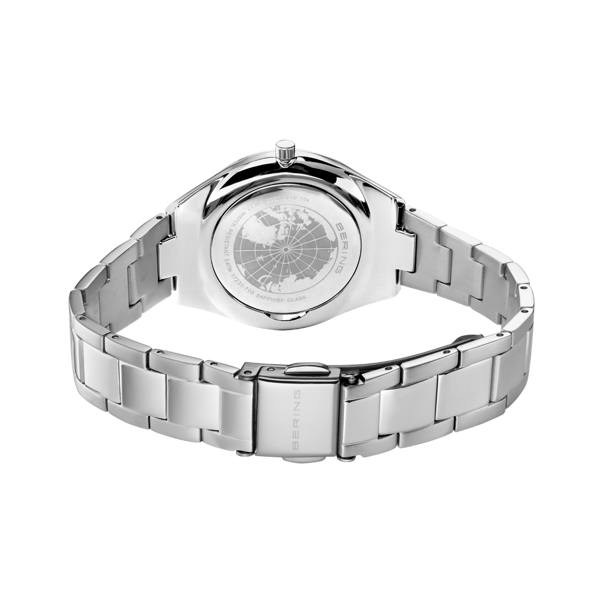 Sølvfarvet metalarmbånd med tre led og klaplukning, urskrin bagside synlig