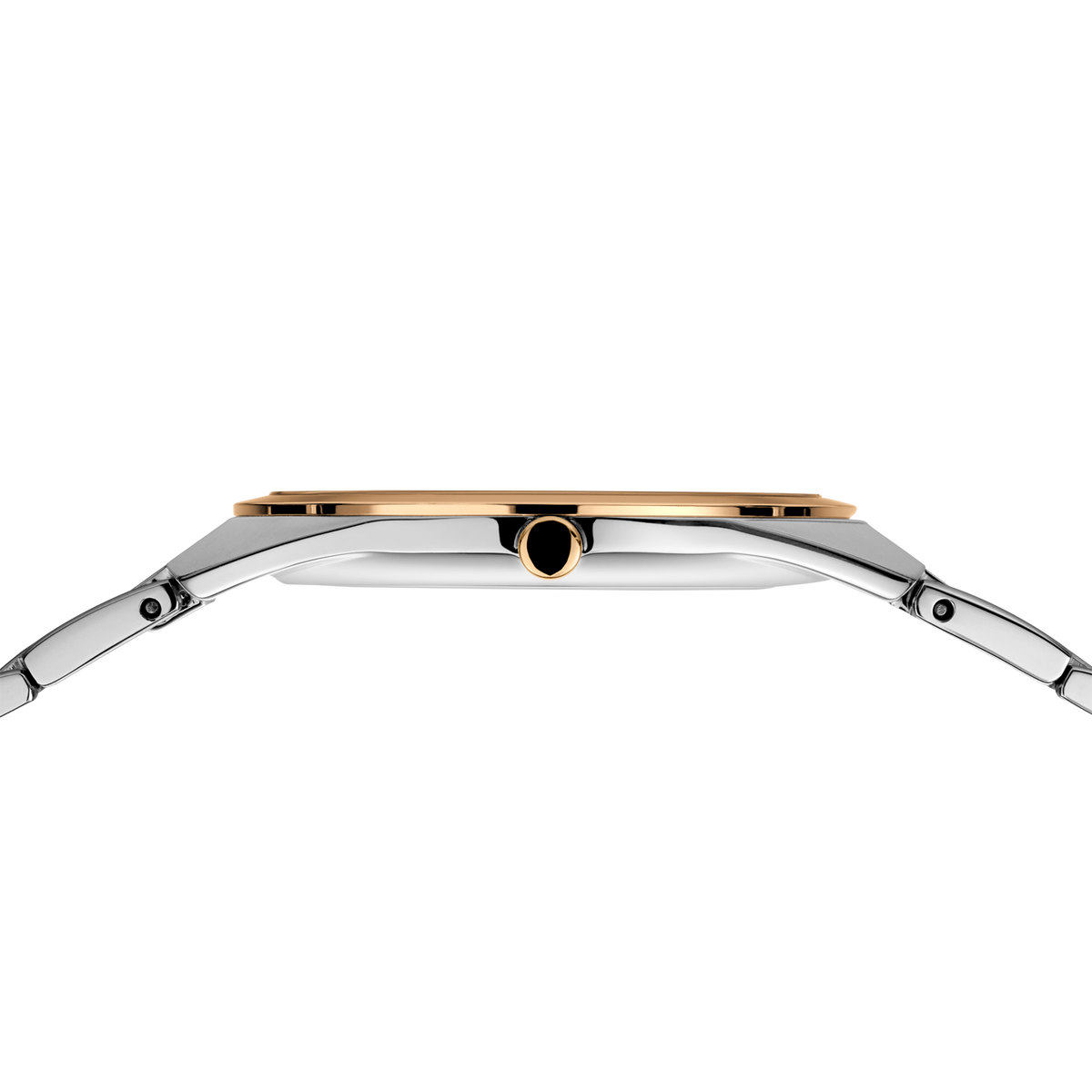 Uret i sidevisning med rosaguldt bezel, sølvbånd og krondetalje.