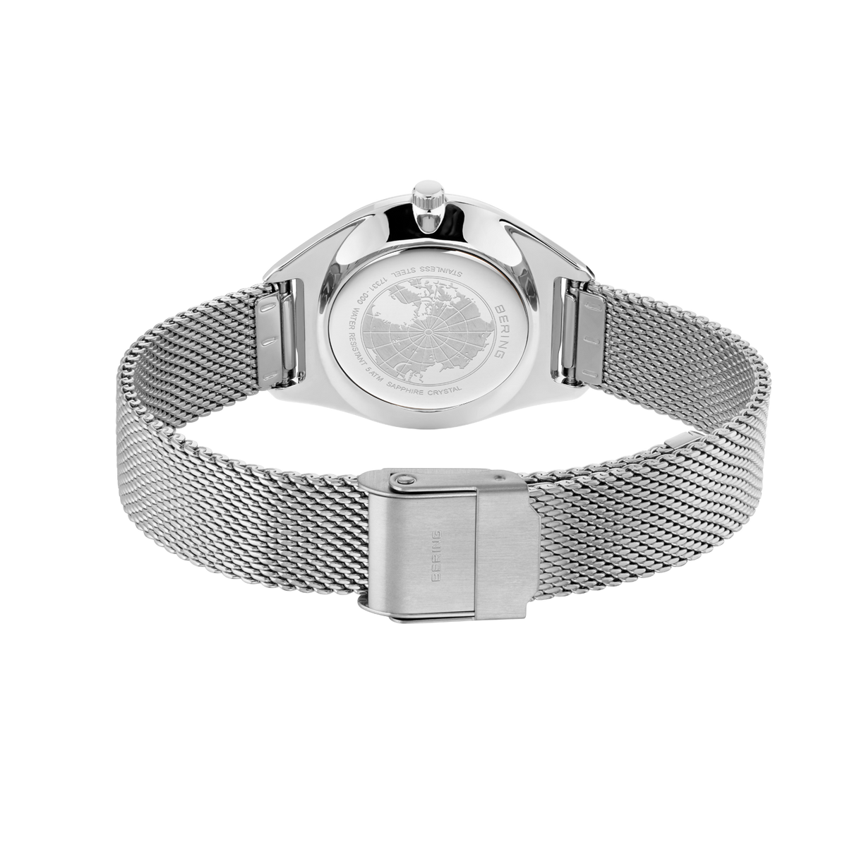 Orologio BERING visto da dietro con fondello trasparente, quadrante visibile e cinturino mesh argento con chiusura magnetica.