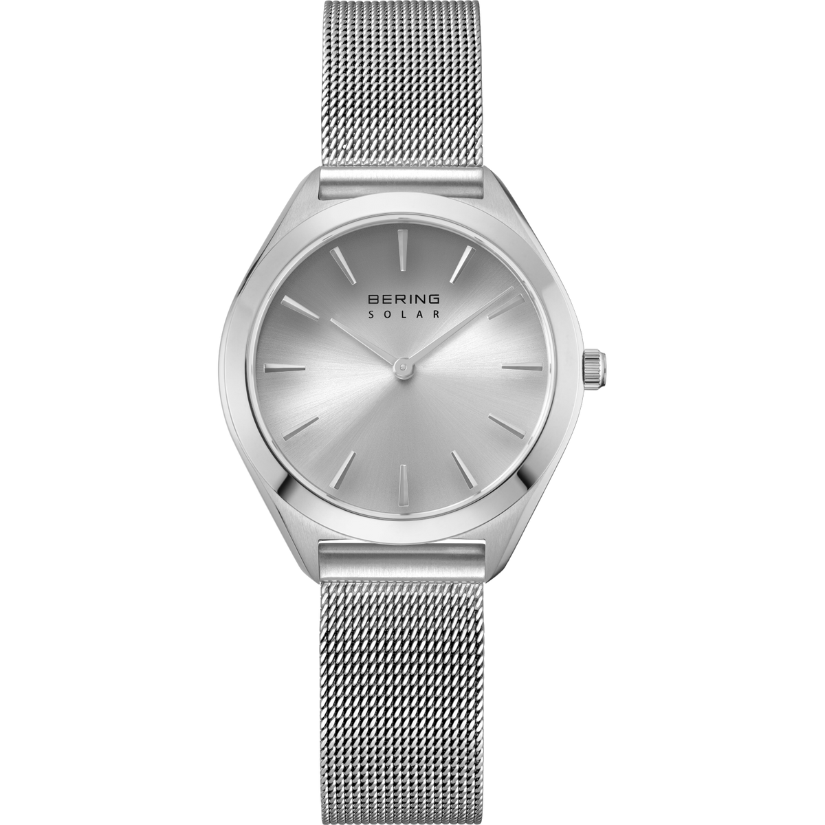 Orologio BERING Solar in acciaio inossidabile con cassa rotonda, quadrante argentato, indici minimalisti e cinturino mesh