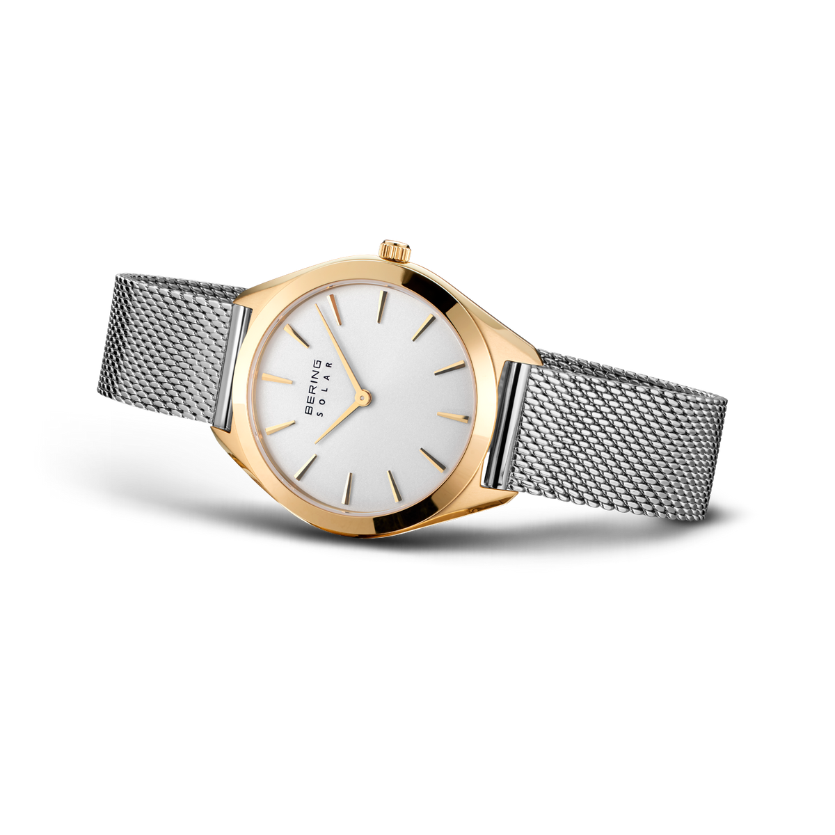 Orologio BERING bicolore: cassa oro rosa, cinturino maglia argento, quadrante bianco minimalista, vista angolata.