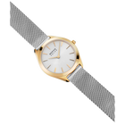 Orologio BERING con cassa dorata, quadrante bianco e cinturino mesh, vista angolata