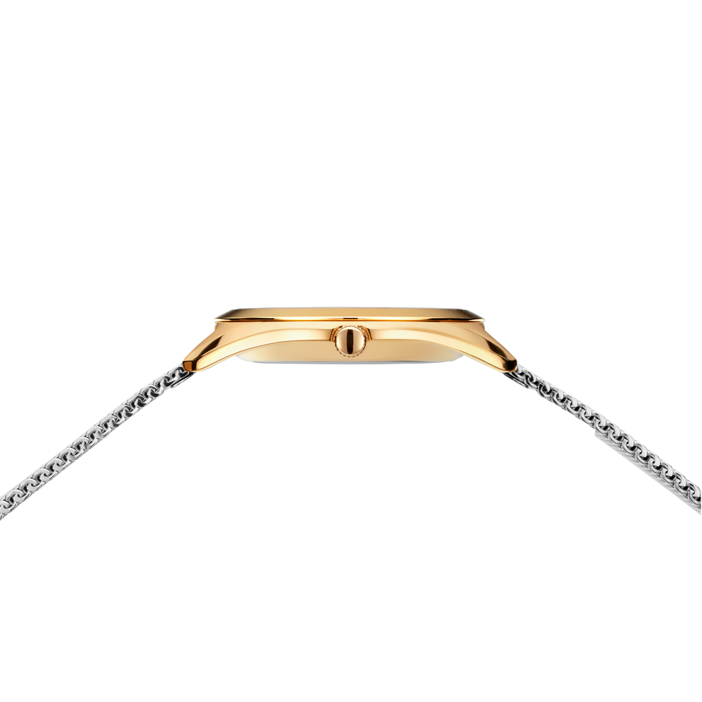 Orologio con cassa in oro champagne e bracciale a maglie argentate, vista laterale