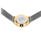 Orologio da polso bicolore con cassa champagne e cinturino a maglietta nera, visto dall'alto.