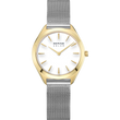 BERING Solar Armbanduhr mit champagnefarbenem Gehäuse, weißem Zifferblatt, Goldhänden und Stahlmesharmband