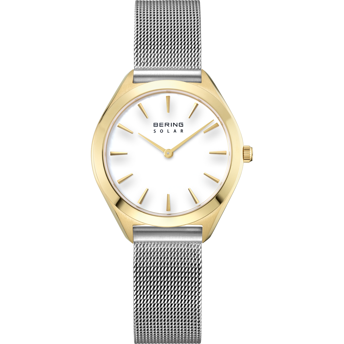 Orologio BERING Solar con cassa champagne, quadrante bianco, lancette dorate e cinturino a maglie d'acciaio