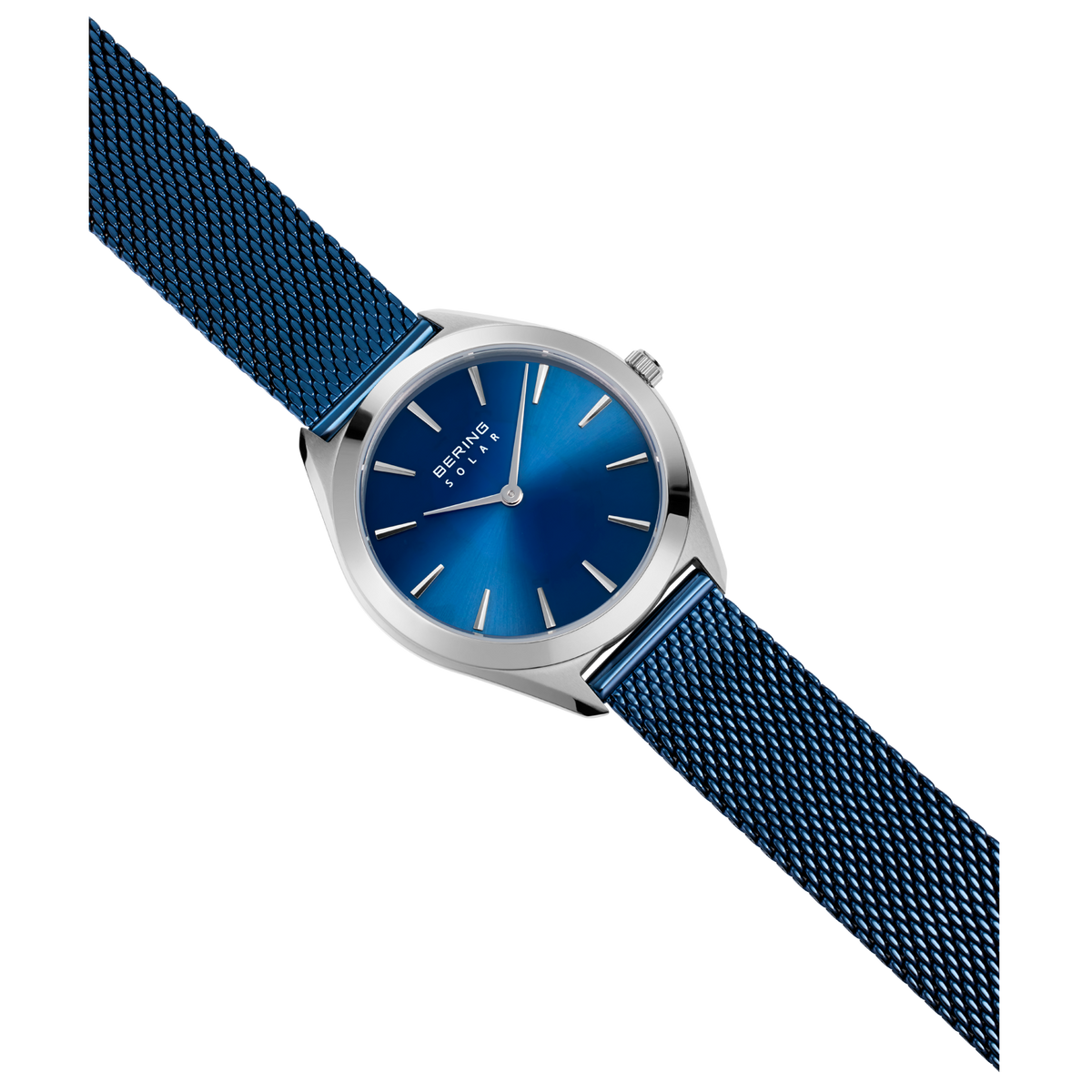 Orologio da polso BERING con cassa argentata e quadrante blu, con cinturino in tessuto blu scuro