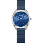 Orologio da polso BERING Solar con cassa argento, quadrante blu e cinturino mesh blu, fotografato frontalmente.