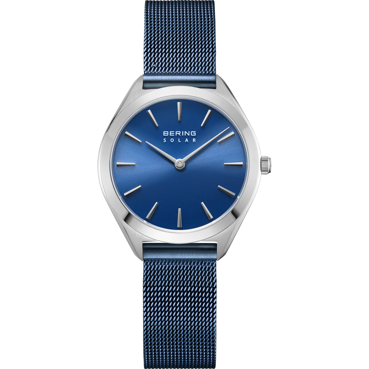 Orologio da polso BERING Solar con cassa argento, quadrante blu e cinturino mesh blu, fotografato frontalmente.