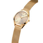Orologio BERING con braccialetto a maglia dorato e quadrante crema, vista laterale della struttura di braccialetto e cassa